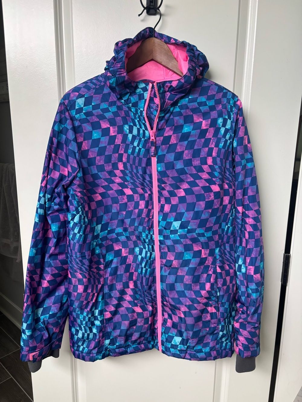 Lands End Girls Ski Jacket - Pink & Blue Geometric Size XXL 18-20